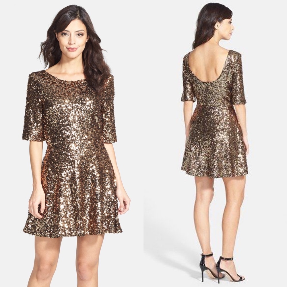 French Connection Gold Sequin Skater Dress